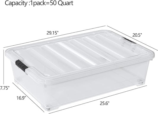 Waikhomes 50 Quart Plastic Under Bed Storage Boxes, Clear Under Bed Storage Containers with Wheels, 3-Pack