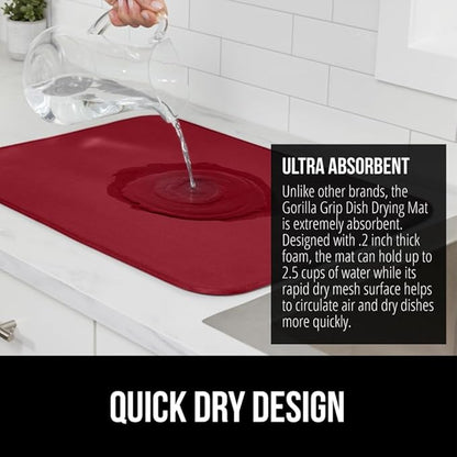 GORILLA GRIP Ultra Water Absorbent Microfiber Dish Drying Mat, Quick Dry Thick Mesh, Slip Resistant Pad for Sink Dishes or Under Rack, Kitchen Counter Accessories, Machine Wash Mats, 18x16 Inch, Red