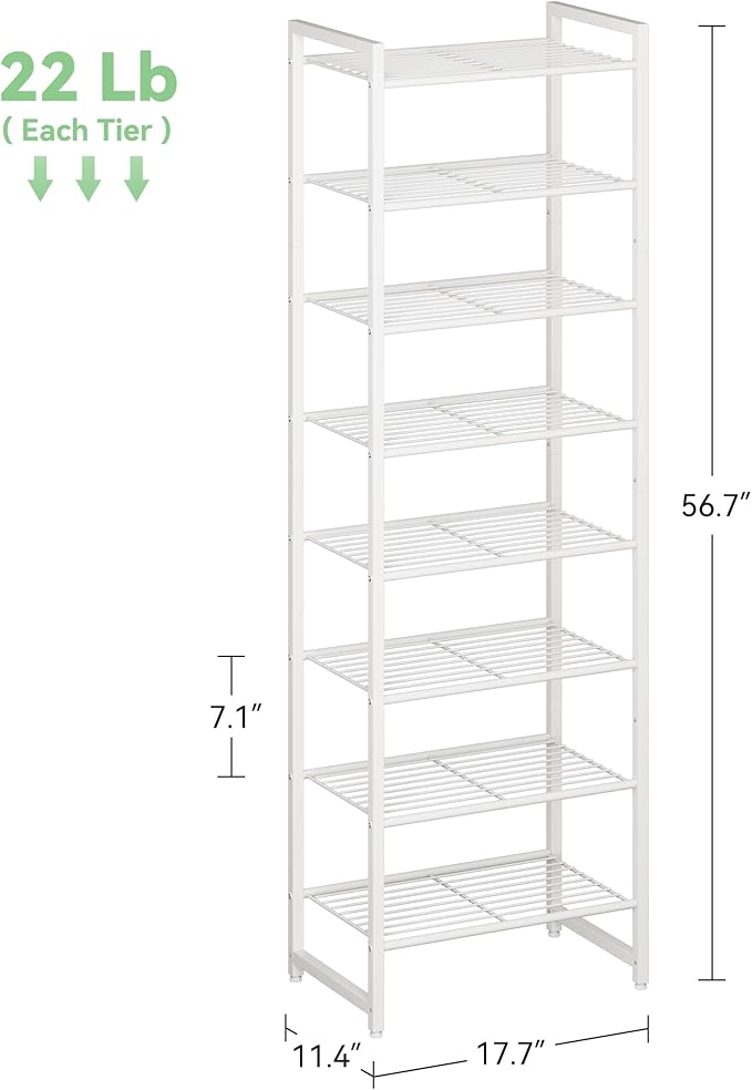 Narrow Shoe Rack, 8-Tier Metal Shoe Organizer,Tall Shoe Shelf with Anti-Tip Strap, Max Holds 18 Pairs,Space Saving for Closet,Entryway,White
