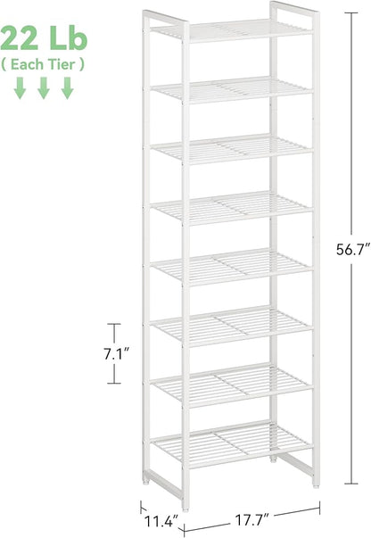 Narrow Shoe Rack, 8-Tier Metal Shoe Organizer,Tall Shoe Shelf with Anti-Tip Strap, Max Holds 18 Pairs,Space Saving for Closet,Entryway,White