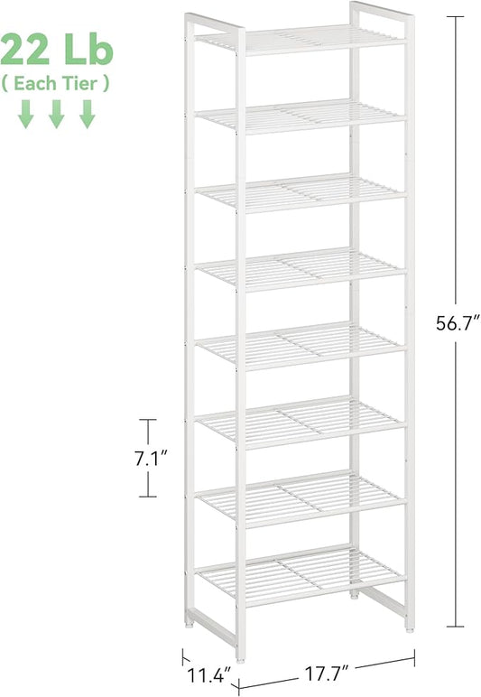 Narrow Shoe Rack, 8-Tier Metal Shoe Organizer,Tall Shoe Shelf with Anti-Tip Strap, Max Holds 18 Pairs,Space Saving for Closet,Entryway,White