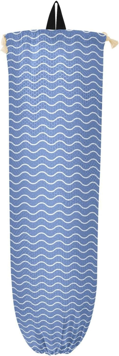 1 PC Plastic Bag Holder Wall Mount Grocery Bag Holder Shopping Bag Trash Bag Storage Organizer Dispenser for Kitchen Closet 22 x 9 Inch Blue Wavy Lines
