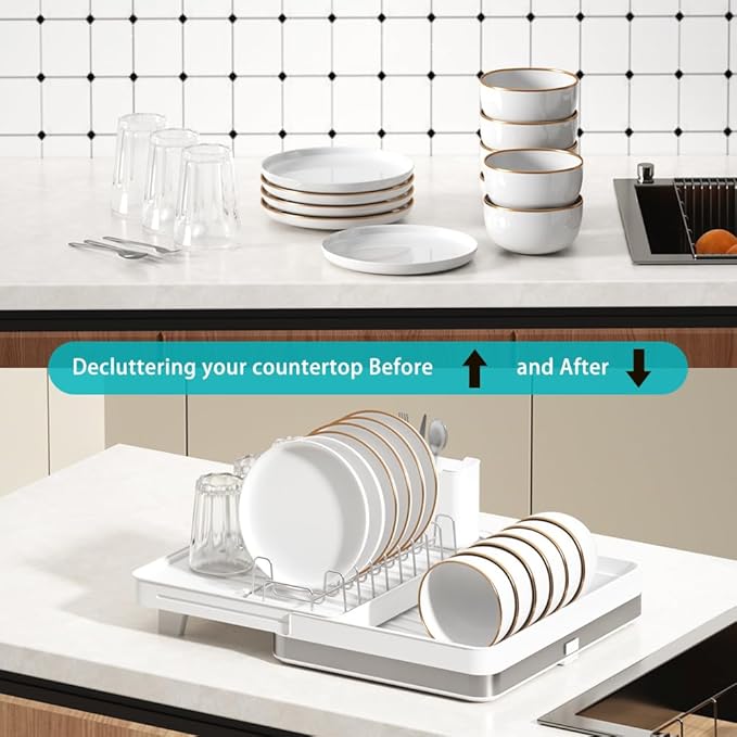 YOJIA Stainless Steel Dish Drying Rack, Extendable Dish Drainer Rack, Drainboard, Detachable Cup Shelf, Rustproof Multifunctional Organizer for Kitchen Counter, Cup Holders, Utensil Holder (14-White)