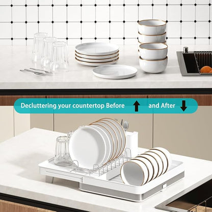 YOJIA Stainless Steel Dish Drying Rack, Extendable Dish Drainer Rack, Drainboard, Detachable Cup Shelf, Rustproof Multifunctional Organizer for Kitchen Counter, Cup Holders, Utensil Holder (14-White)