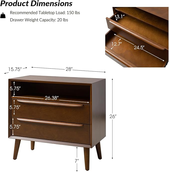 HULALA HOME End Table with Charging Station, Mid-Century Modern 2 Drawer and Open Shelf, Fluted End Table（Walnut, Set of 2）