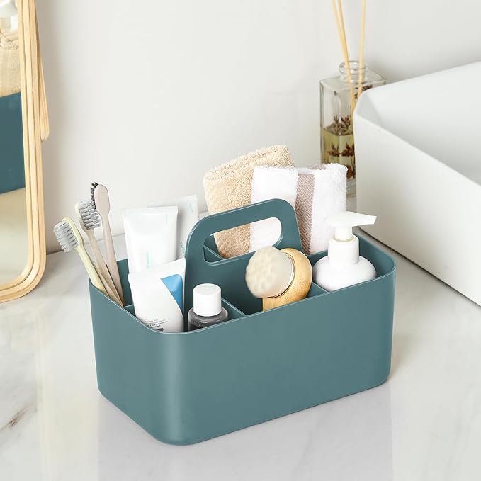 Multiuse Caddy Organizer with Handle - Stackable Plastic Tote Bin - Art Craft Supplies, Office, Desk, Stationery Pen Holder, Kitchen, Utensil, Makeup, Bathroom, Shower, Cleaning, Dorm Organizer - Cyan