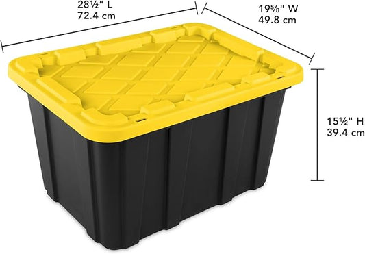 6-Pack 27-Gallon Industrial Totes - Rugged Black & Yellow Plastic Storage Bins with Secure Snap-On Lids, Stackable Design for Garage, Warehouse or Workshop Organization