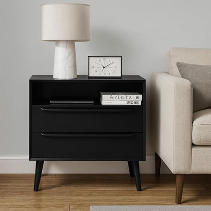 HULALA HOME End Table with Charging Station, Mid-Century Modern 2 Drawer and Open Shelf, Fluted End Table（Black）