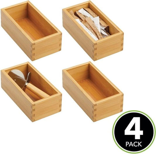 mDesign Bamboo Storage Bin Container, Drawer Organizer Crate Boxes for Kitchen Pantry Cabinet, Shelf, Island or Countertop, Holds Snacks, Spices, or Drinks, Echo Collection, 4 Pack, Natural/Tan