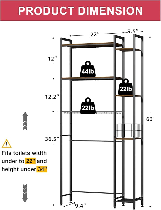 QOOIE Over The Toilet Storage with Wooden Shelves and Side Rack, 7-Tier Metal Over Toilet Bathroom Organizer Freestanding Storage Shelf for Toilet Paper, Towels, Toiletries, Ideal for Small Bathroom