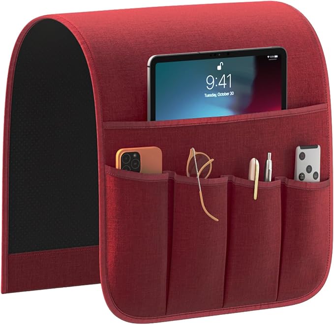Sixyotie Sofa Armrest Organizer Non-Slip Remote Control Holders for Recliner Couch Chair Armchair Caddy with 5 Pockets for Table,Cell Phone,Ipad,Magazines,Books (13x35In, WineRed)