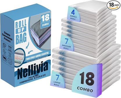Nellivia 18 Pack Compression Bags for Travel, Roll Up Space Saver Bags for Clothes Storage, Compact Packing travel organizer for Luggage, Suitcase, Backpack, No Pump or Vacuum Needed
