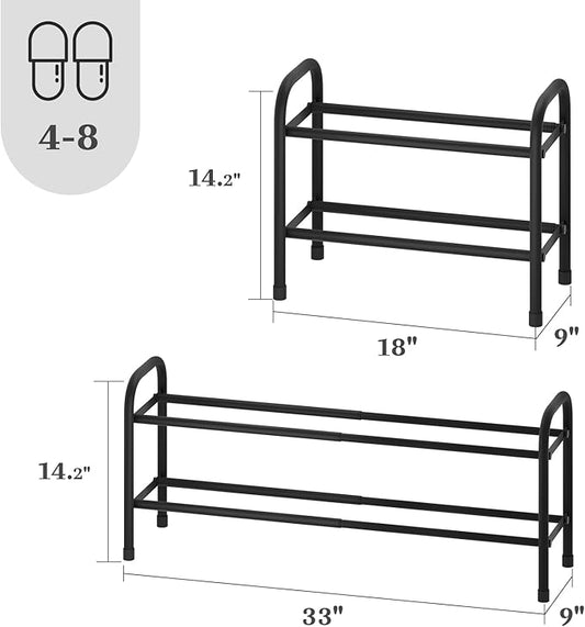 Expandable Shoe Rack, 2-Tier Metal Small Shoe Rack, Adjustable Shoes Organizer, Storage Shelf for Closet, Entryway, Black