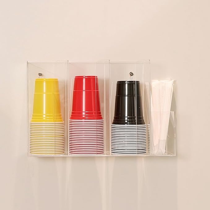 4 Compartments Acrylic Cup and Lid Holder, Clear Disposable Coffee Cup Holder Organizer,Cup Dispenser for Kitchen Bar Shop Party Supplies
