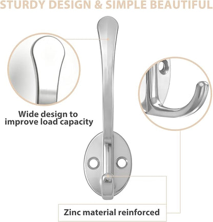 10 Pack Coat Hooks Wall Mounted with 20 Screws, Heavy Duty Silver Towel Hooks Metal Double Hooks, No Rust Retro Rustic Wall Hooks for Hanging Towel, Coat, Scarf, Bag, Hat, Cup, Key