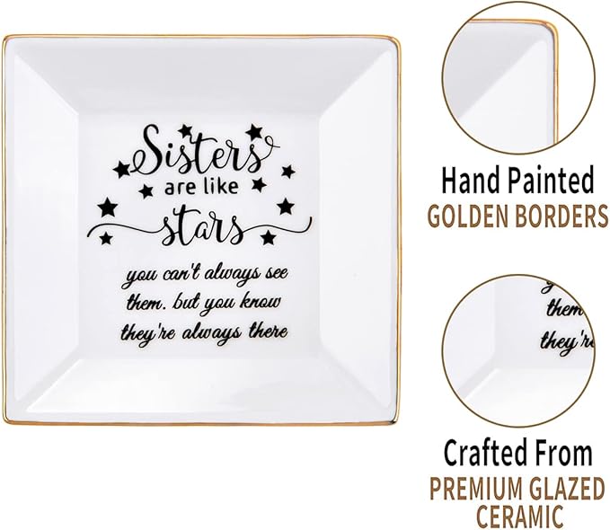 Kaidouma Sister Gifts from Sisters - Birthday Gifts for Sister - Ceramic Ring Dish Jewelry Plate Trinket Tray - Mothers Day Christmas Gifts for Sister, Sister in Law - Sisters are Like Stars Gifts