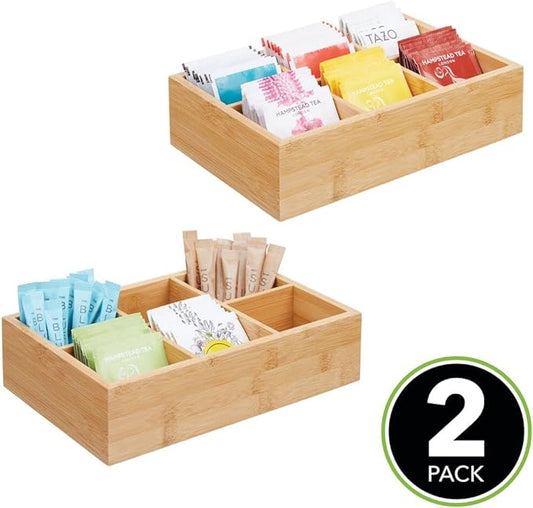 mDesign Bamboo Tea & Food Storage Organizer Container Box - Wooden Holder Case for Tea Bags, Coffee, Snacks, Sugar, Sweeteners, and Small Packets - Echo Collection - 2 Pack - Natural Wood
