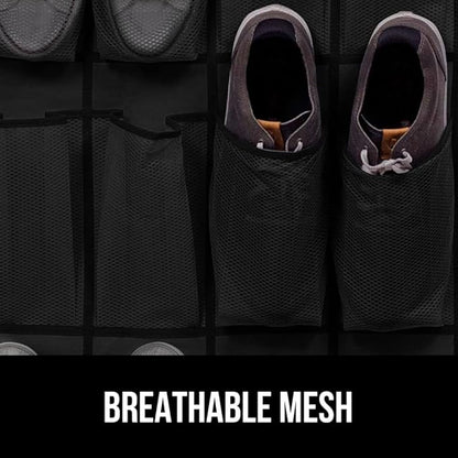 GORILLA GRIP Over the Door Shoe Organizer, 24 Extra Large Breathable Mesh Pockets, Space Saving Hanging Storage Holder, 4 Hook Closet Rack Hanger, Hangs on Closets for Shoes and Accessories, Black