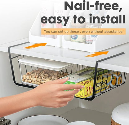 4-Pack Steel Under Cabinet Shelf Basket Organizer, Metal Wire Rack Hanging Storage Baskets Holds up to 22lbs for Kitchen, Office, Pantry, Bathroom, Cabinet (Black-4)