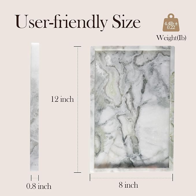 Koville Natural Marble Tray, 12x8“ Coffee Table Vanity/Decorative Tray for Jewerly, Watch, Perfume Candle Storage for Bedroom/Bathroom/Kitchen Countertop