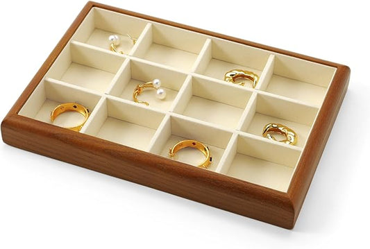 Solid Wood 12 Grids Jewelry Tray Stackable Jewelry Drawer Organizer Showcase Display Organizer Tray for Rings Earrings(Beige)
