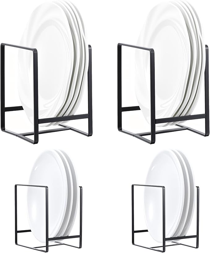 Kifmurase 4 Pieces Plate Organizer for Kitchen Cabinet, Metal Dish Organizers Upright Dish Racks Plate and Bowl Storage Organizer for Pots Pans Cutting Boards (Black, 2 Sizes)