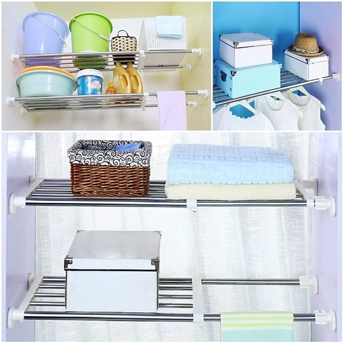 BAOYOUNI Expandable Closet Tension Shelf Storage Rack Heavy Duty Stainless Steel Adjustable Metal Organizer for Wardrobe, Cupboard, Kitchen, Bathroom Use, 19.68-31.49 Inch