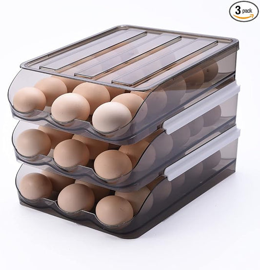 OnDisplay Stackable Acrylic Gravity Egg Tray Holder for Fridge - Food-Safe PET Refrigerator Storage Bin for Eggs (Brown, Set of 3 Trays)