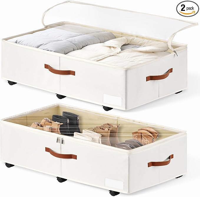 KitHero 60L Large Under Bed Storage with Wheels Pack of 2, Underbed Shoe Container Bin with Clear Lid Cover, 10.5 Inches Rolling Under Bed Drawer Storage Bag Basket for Boots Quilt Sweater - White