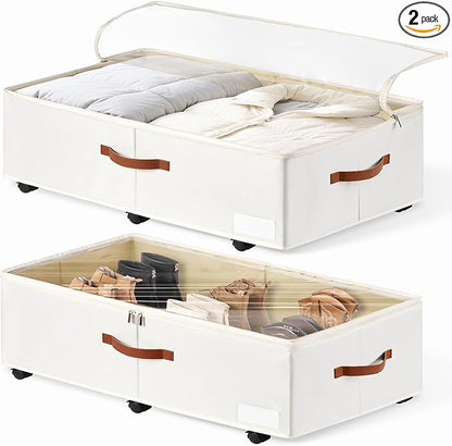 KitHero 60L Large Under Bed Storage with Wheels Pack of 2, Underbed Shoe Container Bin with Clear Lid Cover, 10.5 Inches Rolling Under Bed Drawer Storage Bag Basket for Boots Quilt Sweater - White