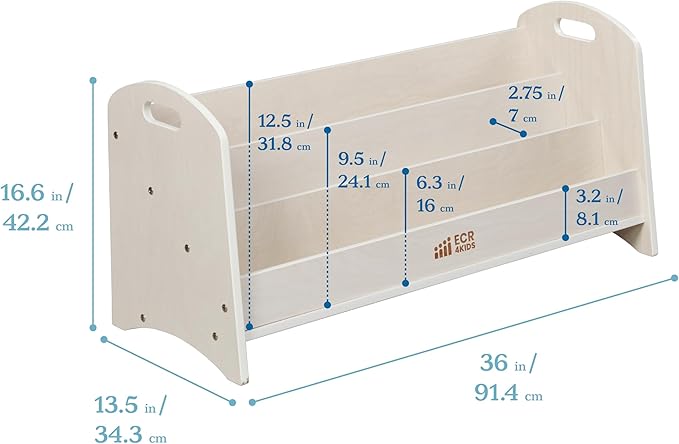 ECR4Kids 3-Shelf Floor Book Display with Handles, 36in, Childrens Furniture, White Wash