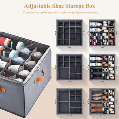 Yagizaai Foldable Shoe Organizer Box for Closet & Under-Bed, Adjustable Dividers, Holds up to 16 Pairs, Stackable, Gray with Clear Cover & Leather Handles, 17x17x12 inch