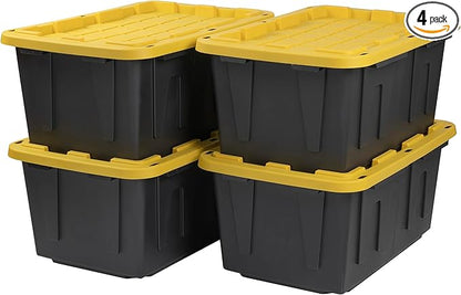 CX Black & Yellow 27-Gallon Heavy Duty Storage Bins with Lids, Stackable Plastic Storage Bins with Weather-Resistant Design, Home Organization, 4 Pack (14.3"H x 20.6"W x 30.6"D)