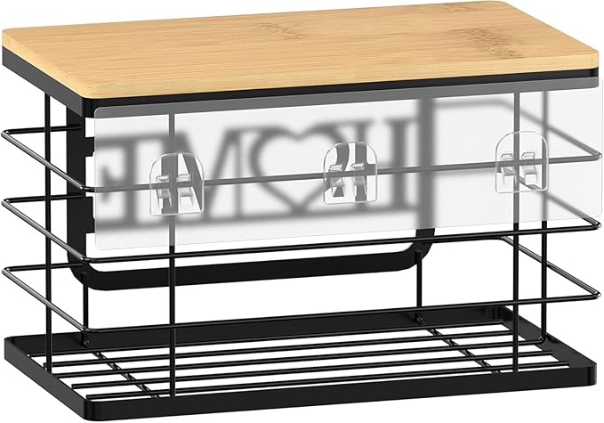 Trash Bag Holder Dispenser, AUVAHOX Garbage Bags Organizers with Bamboo Top, Wall Mount with Adhesive Hook, Perfect Storage Rack for Cabinet, Under Sink (Black, 2pack set-L/XL)
