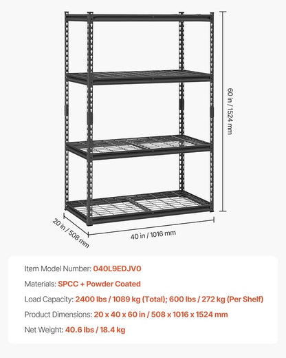 VEVOR Storage Shelves, 2400 lbs, 4 Tier Heavy Duty Garage Shelving, 20" D x 40" W x 60" H Adjustable Metal Shelves for Industrial Shelving Unit Utility Shelf, for Kitchen, Warehouse, Basement, Black