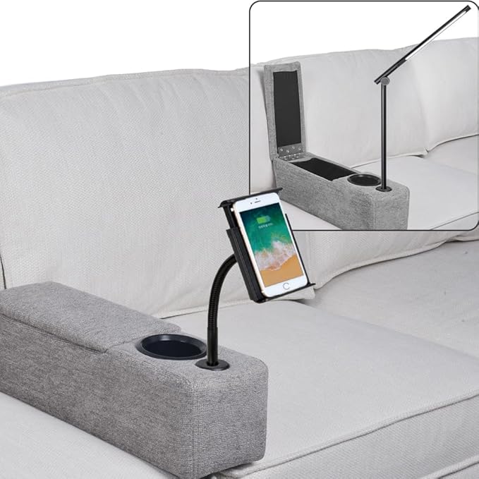 Multifunctional Sofa Armrest, Couch Armrest with Cup Holder, Removable Sofa Caddy with Storage,Equipped with LED Reading Light&Wireless Charge Stand, Grey