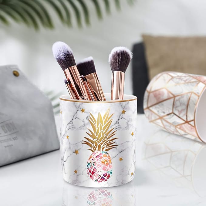 WAVEYU Pen Holder, Pencil Holder for Desk, Cute Makeup Brush Holder Marble Pineapple Pattern Pencil Cup for Girls Kids Durable Ceramic Desk Organizer Pineapple Decor for Office, Classroom