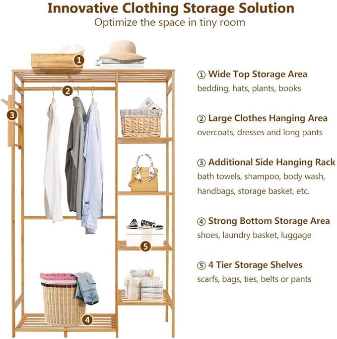 Ufine Bamboo Garment Rack 6 Tier Storage Shelves Clothes Hanging Stand with Side Hooks, Heavy Duty Clothing Rack Portable Wardrobe Closet Organizer