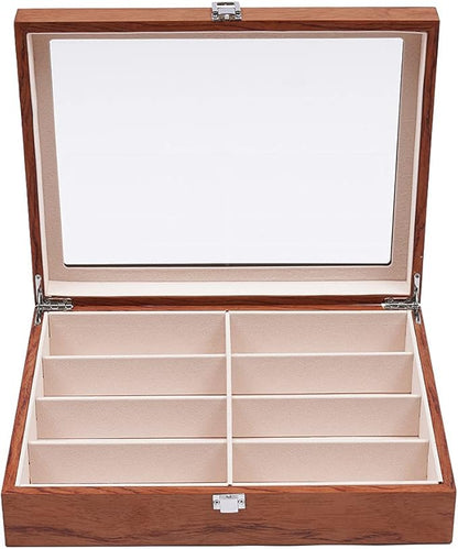 DouSeiAi Wooden Sunglasses Organizer, 8 Grids Sunglasses Storage Box, Sunglasses Display Case with Lock Eyewear Showcase Organizer Mahogany