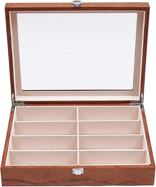 DouSeiAi Wooden Sunglasses Organizer, 8 Grids Sunglasses Storage Box, Sunglasses Display Case with Lock Eyewear Showcase Organizer Mahogany