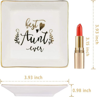 Tijeyi Aunt Gifts Best Aunt Ever Birthday Gift for Women Auntie from Niece and Nephew Mothers Day Christmas Jewelry Dish Ceramic Trinket Trays Ring Holder Bathroom Decor