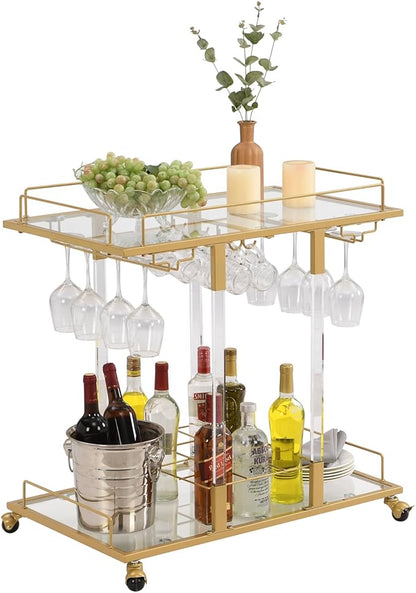 Bar Cart for Home Bar Chrome Serving Cart with Wine Rack 2-Tier Acrylic Rolling Bar Carts on Wheels Clear Dessert Cart Lucite Bar Stand Glass Liquor Cart for Living Room Kitchen Club Gold