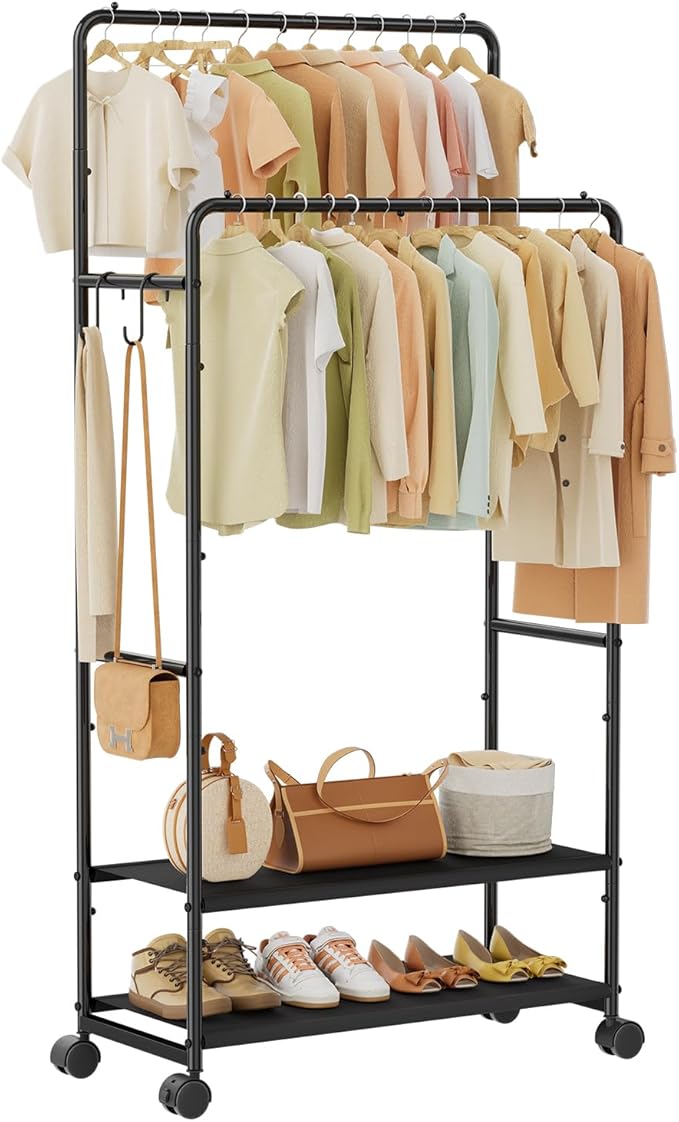 Simple Trending Heavy Duty Clothes Rack, Rolling Clothing Rack for Hanging with 2 Fabric Shelves, Portable Garment Rack Load 400 LBS, Black