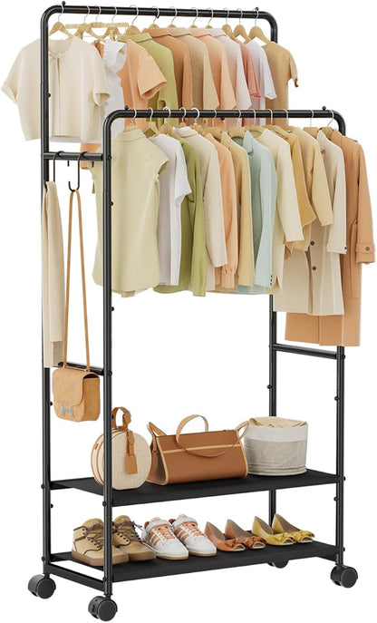 Simple Trending Heavy Duty Clothes Rack, Rolling Clothing Rack for Hanging with 2 Fabric Shelves, Portable Garment Rack Load 400 LBS, Black