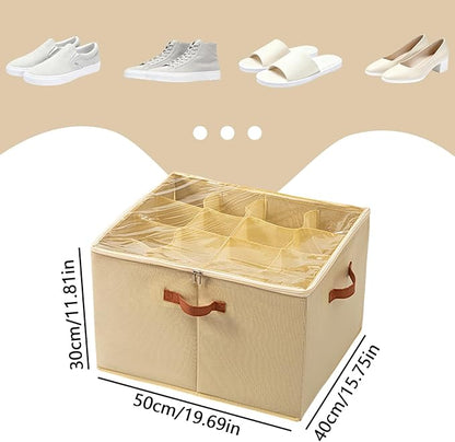 SLDYH Shoe Organizer for Closet, Tidy Up and Organize, Shoe Storage Easy to Store and Search, 12-20 Grid Fabric Shoe Box with Clear Cover (Beige, 16 Grids)