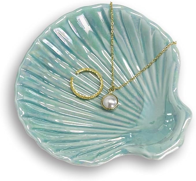 GO2HEJING Ring Dish Shell Shape Ceramic Jewelry Dish Tray, Decorative Trinket Dish Organizing Rings Earrings Necklaces Keys for Mom Friend Sister, 3.9", Blue Iridescent Surface