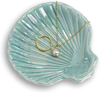 GO2HEJING Ring Dish Shell Shape Ceramic Jewelry Dish Tray, Decorative Trinket Dish Organizing Rings Earrings Necklaces Keys for Mom Friend Sister, 3.9", Blue Iridescent Surface