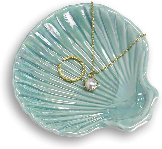 GO2HEJING Ring Dish Shell Shape Ceramic Jewelry Dish Tray, Decorative Trinket Dish Organizing Rings Earrings Necklaces Keys for Mom Friend Sister, 3.9", Blue Iridescent Surface
