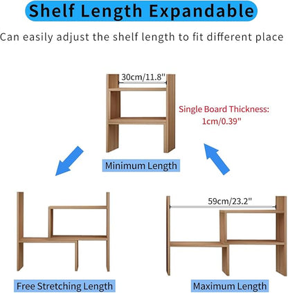 Desktop Shelf Organizer, Adjustable Wood Office Storage Rack, Counter Display Small Bookshelf for Home/Office/School(Light Walnut)