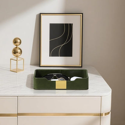 MEIBOOCH 10.2" x 6.7" Nightstand Organizer Tray with Gold Accent, Decorative Valet Trays Cologne Organizer for Men, Key Bowl Perfume Trinket Tray for Dresser Bedside Entryway Table (Dark Green)